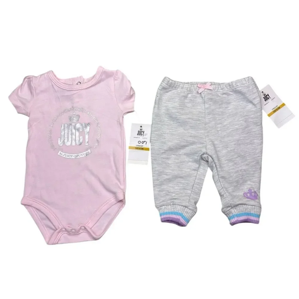 Juicy Couture Baby 2 Pc Outfit Set 0-3 Months Pink Logo Bodysuit Gray Pants NWT